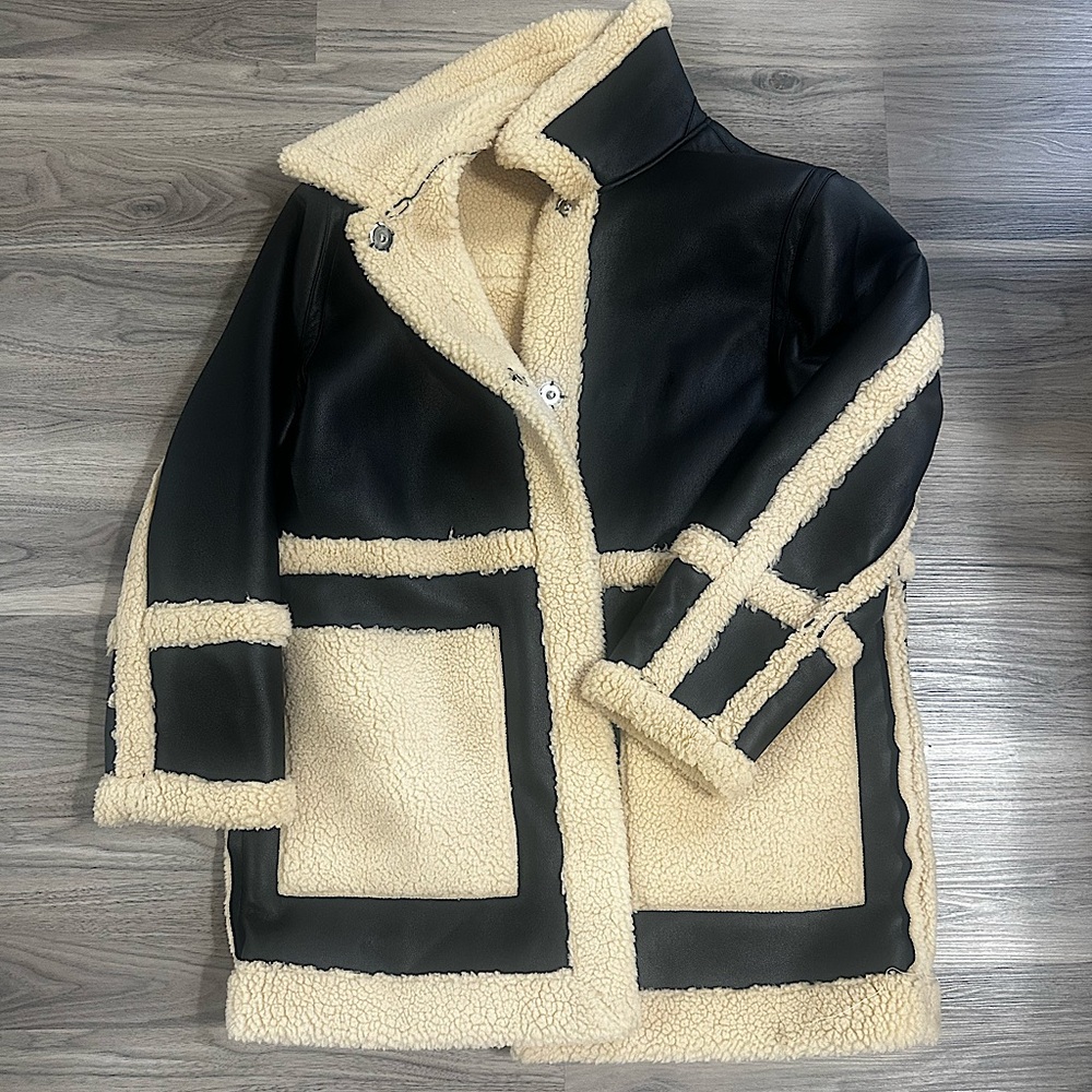 Topshop Faux Leather Teddy Coat Jacket Women's 12 Black Beige Sherpa Reversible